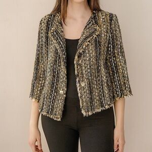CAbi Fringe Blazer Wool Tweed Gold Button